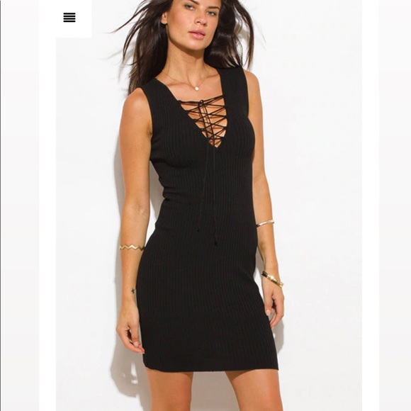 BLACK RIBBED KNIT LACEUP SLEEVELESS  MINI DRESS SIZE  S - Picture 5 of 6
